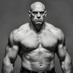 a highly detailed portrait painting of a goliath, muscular, bald, black and white photography, by greg rutkowski and alphonse mucha, sharp focus, matte, concept art, artstation, digital painting