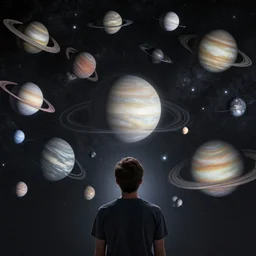 man looking at the detailed pattern of so many planets on the dark sky