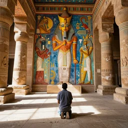 a man kneels before a colossal mural at the back of the brightly colored great temple of amunabi. sunbeams and shadows volumetric lighting. the room was vast and filled with very ornate structures. shadows and limestone on the floor, bright ancient colors