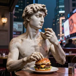 the statue david from michelangelo eating a hamburger, sitting at a restaurant table on times square