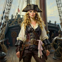 a beautiful, fierce, blonde, well - dressed, armed, pirate woman, standing on the deck of her ship, realistic, hyperdetailed, 8 k, 1 7 3 0 s oilpainting