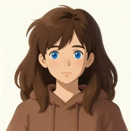 concept art portrait of a boy with long fluffy brown hair down to his shoulders, blue eyes, brown hoodie, blush. painterly digital art, artstation, deviant, anime, studio ghibli