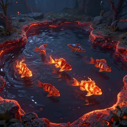 fire fish swimming in a lava lake. 4 k video game concept art. unreal engine.