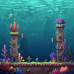 beautiful art for a 2d side scroller game set in an underwater fallout survival base with lots of colorful coral inspired by night in the woods