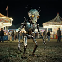 the strange creature at the county fair that hid at night, made of metal, film still from the movie directed by Denis Villeneuve with art direction by Salvador Dalí, long lens