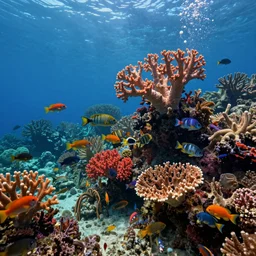A panoramic painting of a photorealistic underwater exotic coral reef with bright vibrant colors teeming with fish by thomas cole and moebius