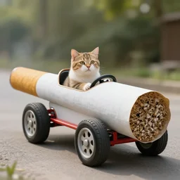 a very large cigarette with 4 wheels on it, and some sort of cockpit in which a cat is steering the cigarette car