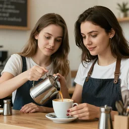 professional photo two women creating a coffee in a shop very detailed eyes, Ukraine. professional photo