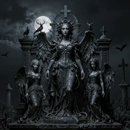 eerie gothic graveyard statue, intricate portrait artwork by carlos schwabe, h. r. giger, tom bagshaw, kilian eng, h. r. giger, very coherent artwork, dreamlike, darkness, noir, moonlit, dramatic, octane render, unreal engine, 8 k, high contrast