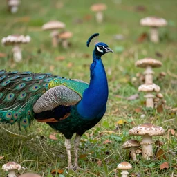 a peacock in a field of mushrooms 4 k very high quality