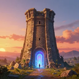 A landscape with a giant stone brick tower with pillars on top at sunset, magical portal, cyberpunk, Low level, rendered by Beeple, Makoto Shinkai, syd meade, simon stålenhag, environment concept, synthwave style, digital art, unreal engine, WLOP, trending on artstation, 4K UHD image, octane render