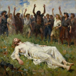 the corpse of God lies in the fields, with humanity standing victorious, oil painting 4k, sharp brushstrokes
