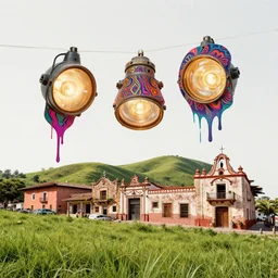 low angle, art magazine cut out collage, retro lights, psychedelic spray paint drips, grassy hills background, mexican town with a beach, night with thunder and lightning, aquatic plants 🪴, space rocket 🚀 taking off, copic marker outline