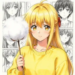 full headshot portrait of a blond girl in a yellow sweater with a large white ball of sweet cotton wool on a stick, drawn by wlop, by avetetsuya studios, attractive character, colored sketch anime manga panel, cirno from touhou, trending on artstation