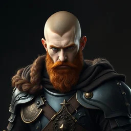 a ginger bearded fantasy young dwarf warrior, black and bronze plate armor, ( ( ( trimmed beard and half shaved head ) ) ), minimalist portrait by alex horsey and craig mullins