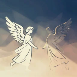 a minimal line drawing of angels, lush gradients