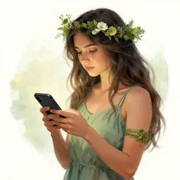 nature goddess checking her phone, art