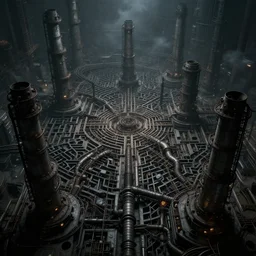futuristic dystopian endless, intricate, complex, labyrinthine, byzantine, tangled, industrial complex, smokestacks, pipelines and ducts and vents, matte painting, smoke, night, gloomy, dark, dramatic, cinematic, volumetric lighting, gods eye view, muted colors