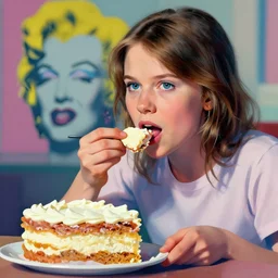 greta thunberg eating cakes painted by andy warhol, detailed digital art, trending on Artstation