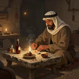 fantasy illustration of a bedouin healer treating a patient on a stone table, oils and incense all around in a dark workshop, trending on artstation, digital art ( by anna steinbauer ) ( by victor adame ) ( by jesper ejsing )