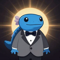 blue salamander newt in a grey tuxedo, bowtie, character icon, vector art