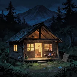 horror poster of a zombie outside cozy cabin, mountain, night, by junji ito,