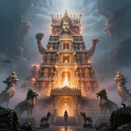 a biggest temple of the universe in the magical world, magical creatures worshipping their god, sharp image , photo realistic, foggy ,hyperreal, hyperdetailed, 8k , glowing effect
