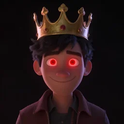man with a crown, smirk, photograph, black backgrounds, glowing red eyes, pixar