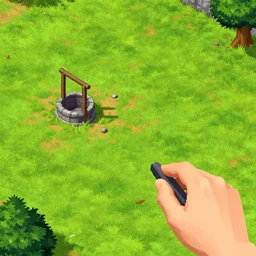 empty grass field with a destroyed well, at midday, from a point and click 2 d graphic adventure game, art inspired by thomas kinkade, king's quest, sierra entertainment games