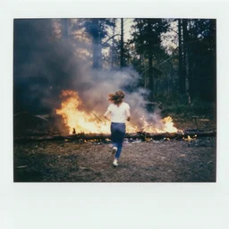 medium shot, a young woman running from a forest fire, woods, polaroid photo, vintage, neutral colors, by gregory crewdson
