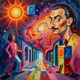 an extremely high quality hd detailed ultra-realistic photorealistic surrealism painting of neon cast glass calligraphy cubism figures melting into a warm picasso galaxy landscape by dali and zaha hadid, vivid colors, complimentary colors, melting sun, melting 4d cubes, hallway landscape, 8k, hd, high quality, high contrast, acrylic oil on canvas