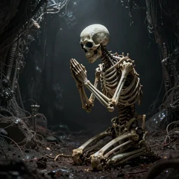 a skully portrait of a mysterious being kneeling asking for forgiveness in an enclosed dark damp liminal post apocalyptic space, unreal engine, intricate details, ultra realism atmosph, by beksinski