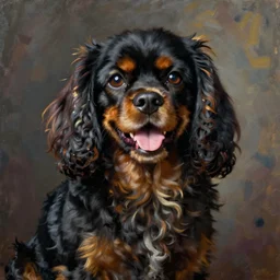painting of a happy, smiling, dark and black cavalier king charles spaniel. art by renoir