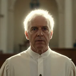 the bright glowing head of a preacher in church, film still from the movie directed by denis villeneuve and david cronenberg with art direction by zdzisław beksinski and dr. seuss