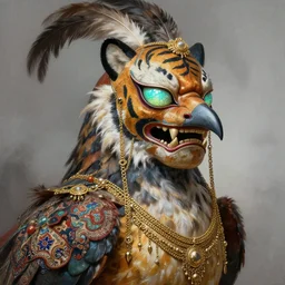 masterful fantastic realist painting an exotic ancient feathered and bejeweled bird wearing an exquisite and fiercely painted bugaku mask of a tiger, gold chains strung like tinsel, digital painting trending on artstation, viciously blinded, shimmering opal, persian textile patterns, volumetric lighting and mist, cosplay, portrait painting, hyperrealistic, octane render