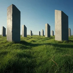 Green grasslands with scientific monoliths in them, blue sky, daylight, cinematic lighting, dramatic lighting, cozy, detailed, by Syd Mead, Federico Pelat