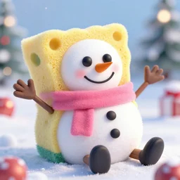 detailed fun render of a extremely festive snowman sponge with pink scarf