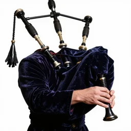 velvet bagpipes, high detail macro photography, isolated on a pure white background, centered, entire object in frame, sharp focus, soft studio lighting