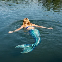 mermaid with blond hair swiming in a lake