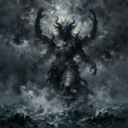 Eldrich god rising out of the ocean, hyper realistic oil painting, dark, moody cinematic lighting, creepy, fog, storm clouds, by greg rutkowski, trending on artstation
