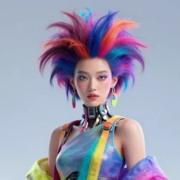 portrait of a post modern cyborg fashion model with an exuberant hair style, colorful, octane render, vray, detailed, halftoned, editorial illustration, matte print, grainy light, ( ( dither ) ), risograph, high contrast, screen print