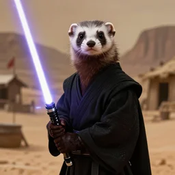 portrait, anthropomorphic ferret wearing black Jedi robes wielding an black lightsaber in a desert mountain town. Dramatic lighting, cinematic, establishing shot, extremely high detail, photo realistic, post processed, artstation, matte painting, style by eddie mendoza, raphael lacoste, alex ross