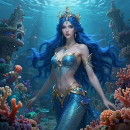 highly detailed ilustration of a beautiful blue haired woman as a deep sea princess in a coral city of deep sea, deep focus, d & d, fantasy, intricate, elegant, highly detailed, digital painting, artstation, concept art, matte, sharp focus, illustration, hearthstone, art by artgerm and greg rutkowski and alphonse mucha