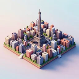 isometric diorama full view of smalls square islands of paris block city on a pale pastel gradient background, ultra detailed, hd textures, sharp focus, volumetric light, depht of field, by filip hodas, featured on polycount, cubo - futurism, colorful, voxel art, diorama, cityscape, octane render, no crop!!!