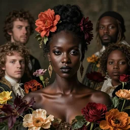 portrait of the african queen of the underworld, surrounded by flowers by karol bak, james jean, tom bagshaw, rococo, sharp focus, trending on artstation, cinematic lighting, hyper realism, octane render, 8 k, hyper detailed.