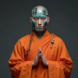 techno monk in orange robes with wires and circuit boards coming out of his face