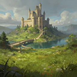 grassy landscape with a castle on a hill moat and drawbridge, deep focus, fantasy, intricate, elegant, highly detailed, digital painting, artstation, concept art, matte, sharp focus, illustration, hearthstone, art by artgerm and greg rutkowski