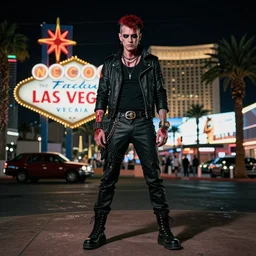 full body portrait of a blood punk on the Las Vegas strip at night by tom bagshaw, cinematic, hyper realism, high detail, octane render, 8k, trending on artstation, CGsociety, concept art, 35mm, kodak portra