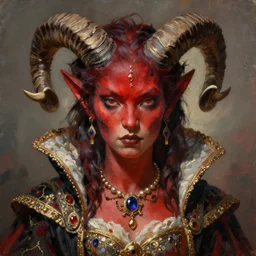 painted close - up portrait of a attractive red - skinned intimidating demon girl with ram horns! oil painting, wearing a noblewoman's outfit, fantasy art by greg rutkowski and john singer sargent and gaston bussiere, demon noble character design, hd