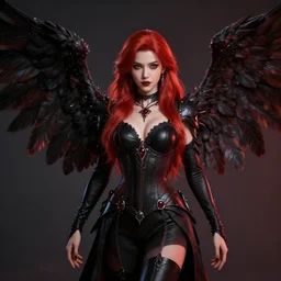 beautiful female mage with red hair, black clothing, dark feathered wings, octane 3 d render, trending on artstation, dramatic lighting, 4 k